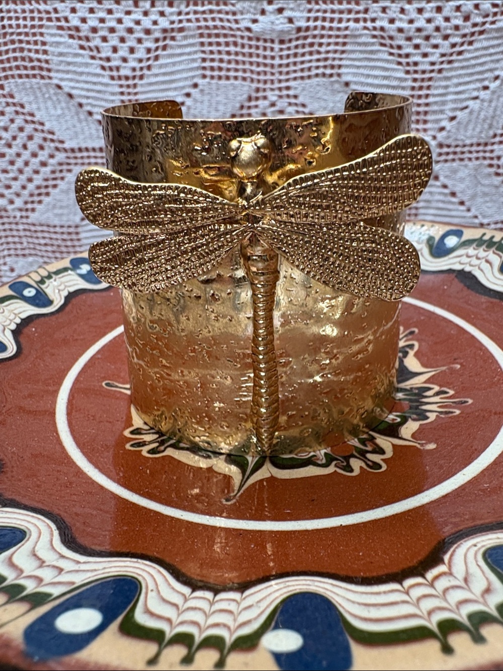 Gold Tone Dragonfly Wide Cuff Bracelet